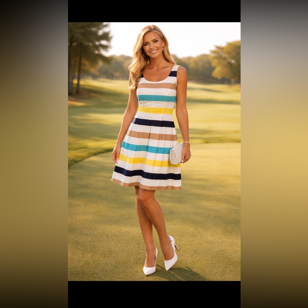 Women's Nine West Sleeveless Fit to Flare Striped Dress Size  14